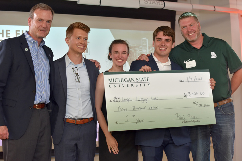 Michigan State students took home top honors in the first Final Four Business Pitch competition, hosted by DePaul. Student Seth Killian pitched Lingco Language Labs pitched a platform to help students learn foreign languages at their own pace. 